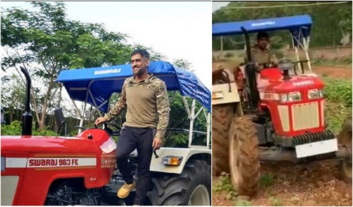 Dhoni with his tractor in his farm house