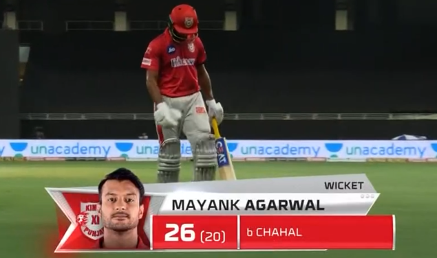 IPL 2020 KXIP vs RCB Mayank Agarwal dismissed for 26 runs