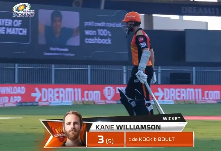 IPL 2020 MI vs SRH Kane Williamson dismissed for 3 runs
