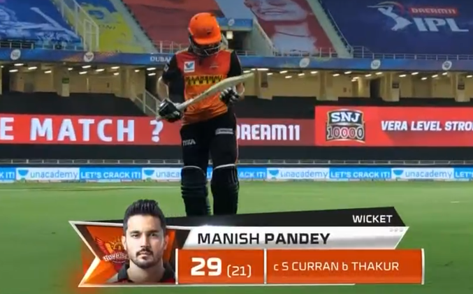 IPL 2020 CSK vs SRH Manish Pandey dismissed for 29 runs