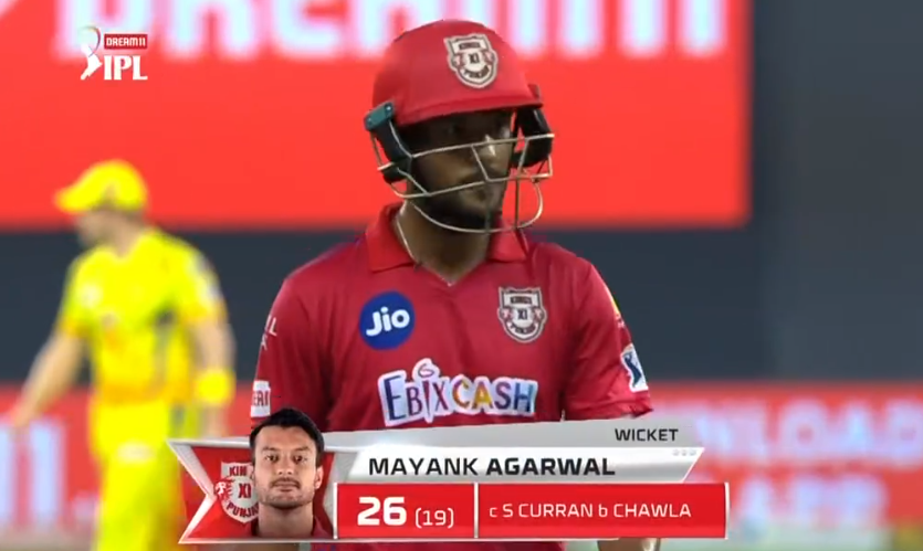 IPL 2020 KXIP vs CSK Mayank Agarwal dismissed for 26 runs
