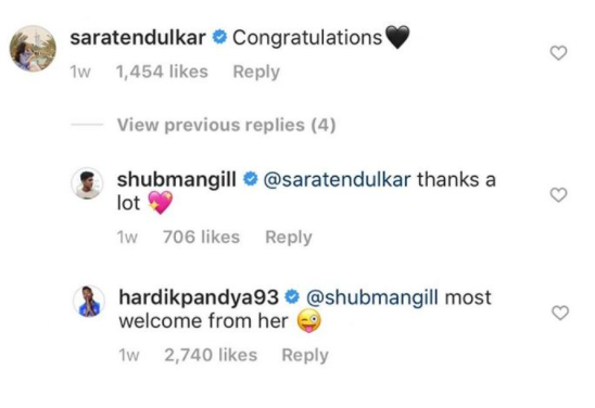 Gill and Sara Tendulkar instagram conversation